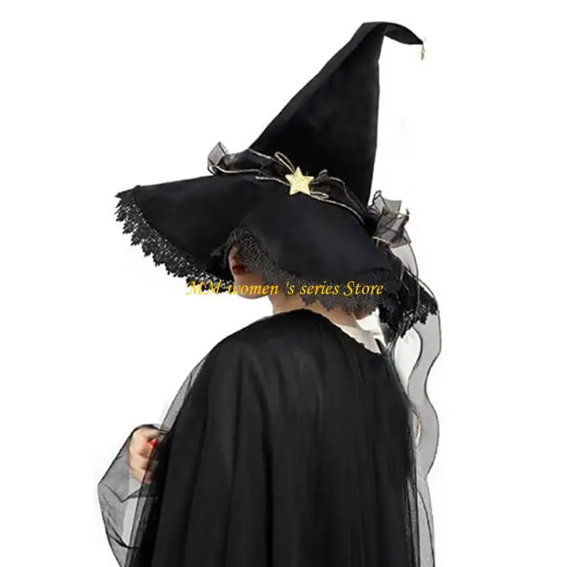 Q39C Star Accent Witch Hat for Adults Black Soft Finish Costume Accessory with Pointed Top and Flared for Party Wear and