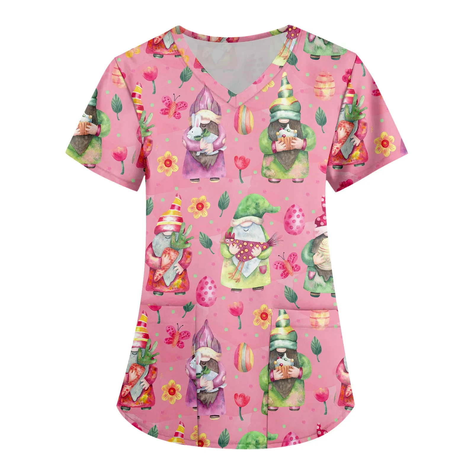 

Easter Bunny Women Casual Hospital Nurse Uniform Clinic Operating Room Printed Short Sleeve Pocket Loose Top Medical Scrubs