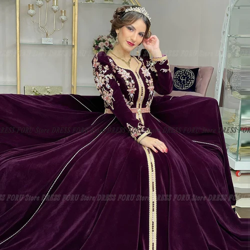 Imagen 2 del producto Caftán marroquí bordado de lujo, vestido de noche con apliques de cuentas, bata Formal de terciopelo de Dubái, abullonada manga, vestido de Fiesta de boda