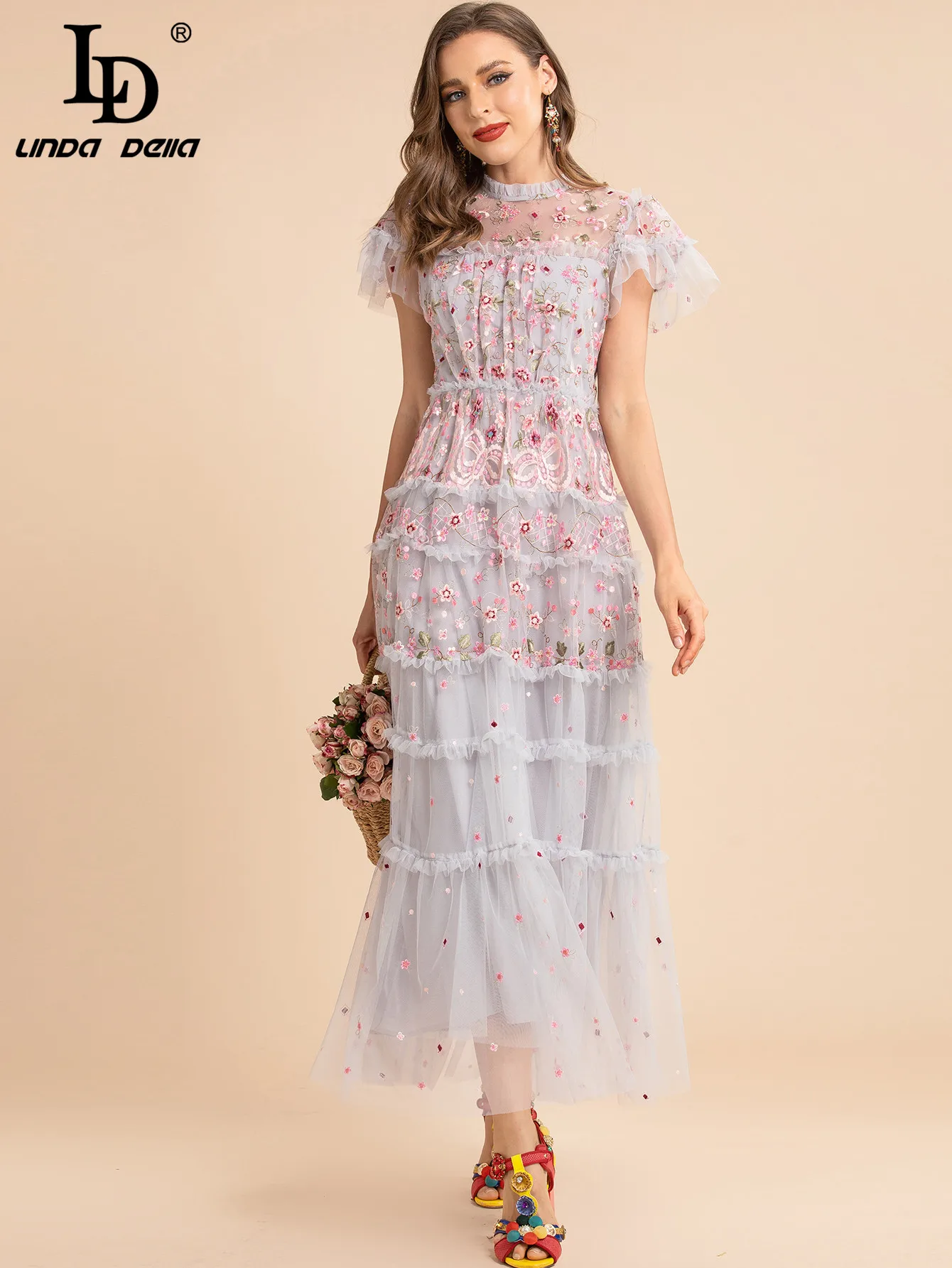 LD LINDA DELLA Fashion Designer Summer Long Mesh Dress Women Short Ruffle Floral Embroidery Vintage Elegant Vacation Party Dress