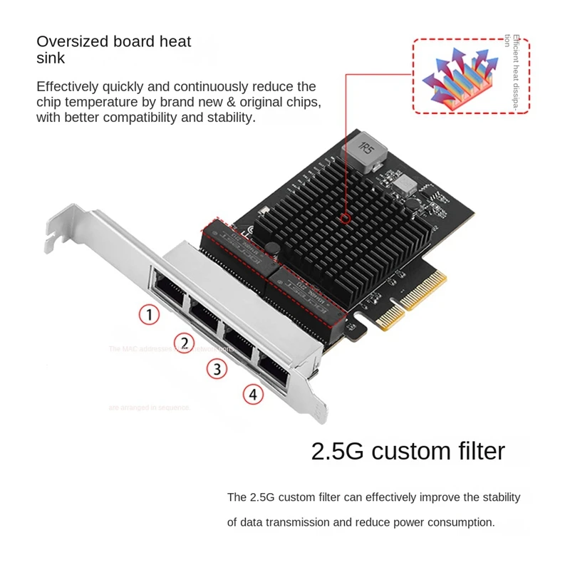 2.5 Gigabit Network Card Pcie RJ45 Lan 10/100/1000/ 2500Mbps Realtek 8125B Chip 4 Port Server Gigabit Network Adapter