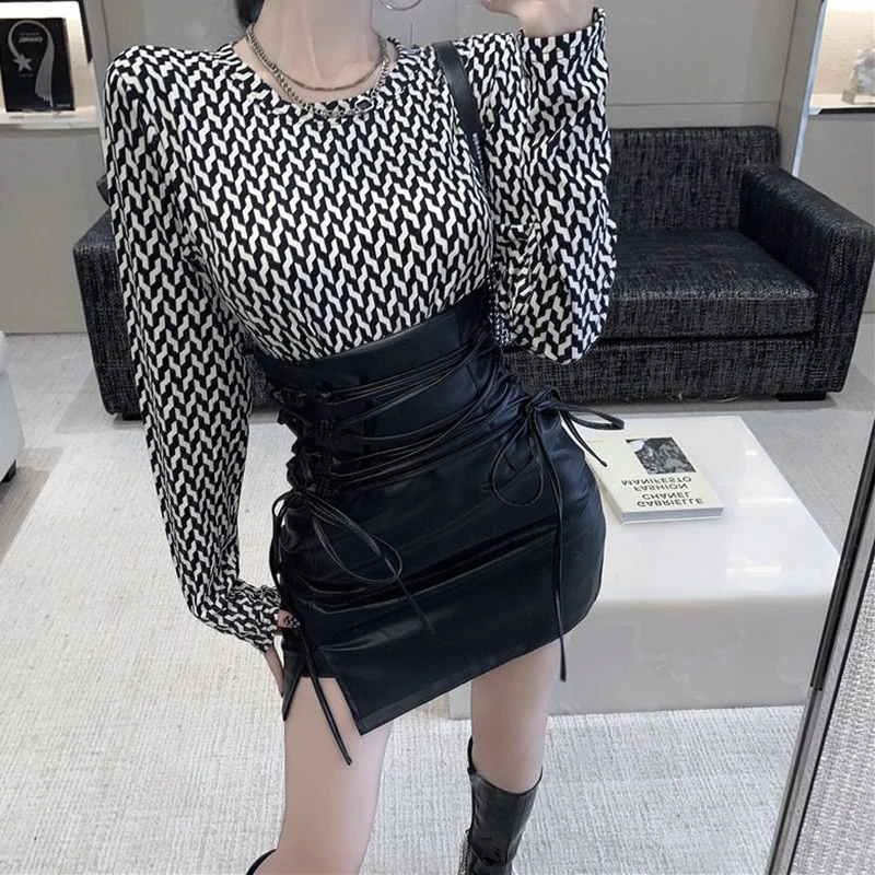 Lucyever Black PU Leather Mini Skirts Women Sexy High Waist Skinny Lace-Up Pencil Skirt Ladies Gothic Club Package Hip Skirts