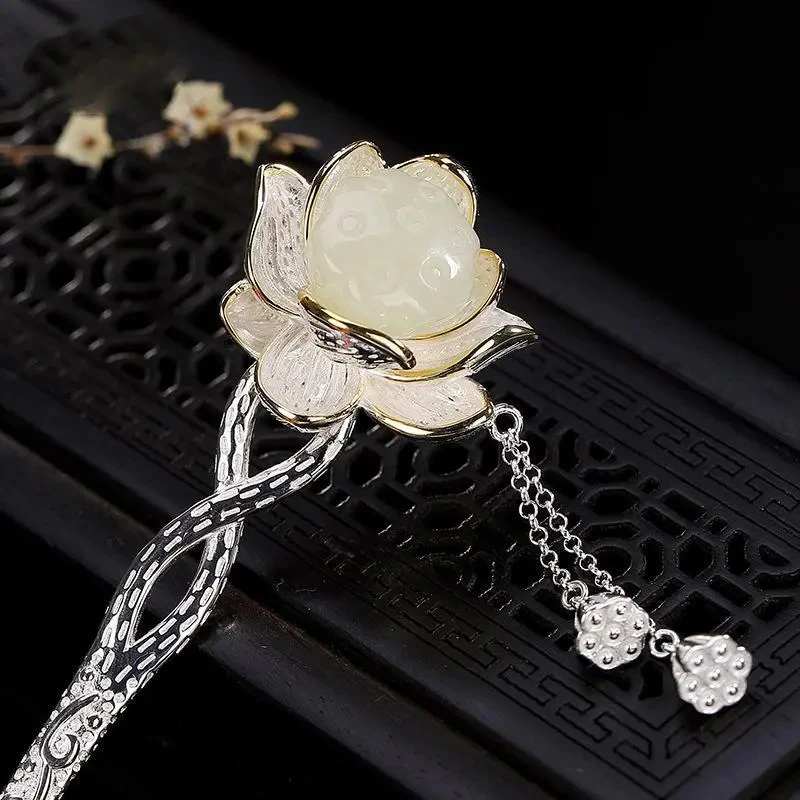 Natural Hetian white jade lotus hairpin tassel Chinese style retro craftsmanship original charm light luxury women's jewelry