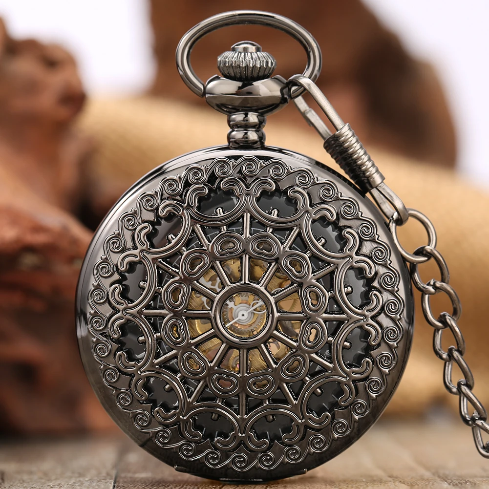 Steampunk Hollow Black Mechanical Hand Winding Pocket Watch Men's FOB Chain Pendant Clock Roman/Arabic Numerals Dial Timepiece