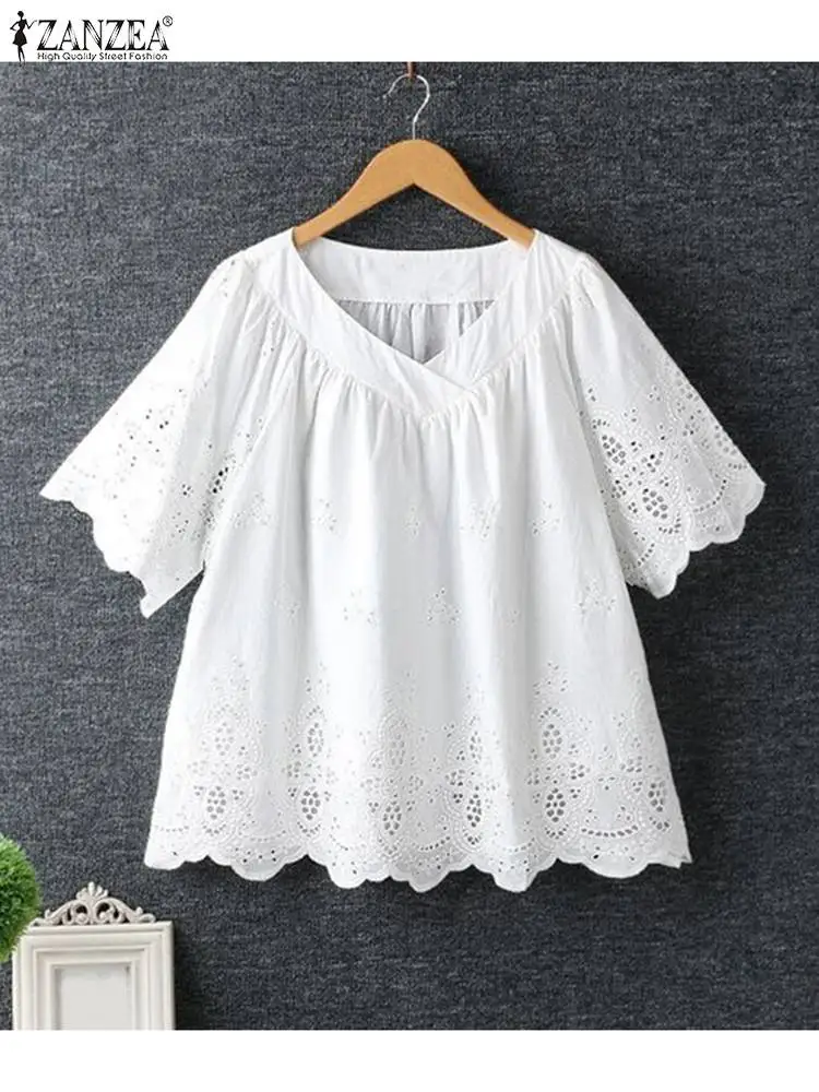 Women Elegant 3/4 Sleeve Blouse ZANZEA Summer Bohemain Holiday Tops Female V Neck Lace Crochet Shirt Casual Loose Work Blusas