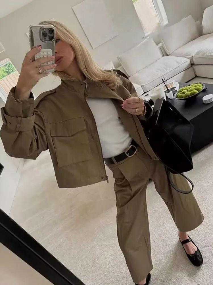 HH Set da 2 pezzi da donna Bottoni tascabili alla moda Decorano giacca a maniche lunghe Cappotto + Pantaloni larghi casual a gamba larga con cerniera a vita alta