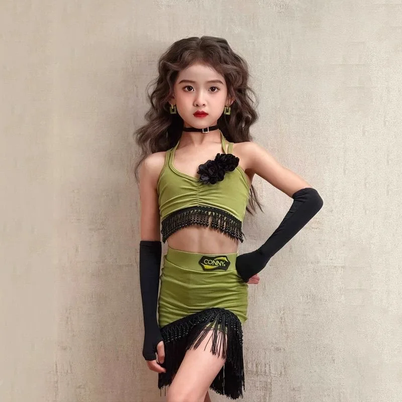 Latin dansjurk Competitie Groene franjerok Professioneel buikdanskostuum Romper Danspak Oefen Latin danskleding