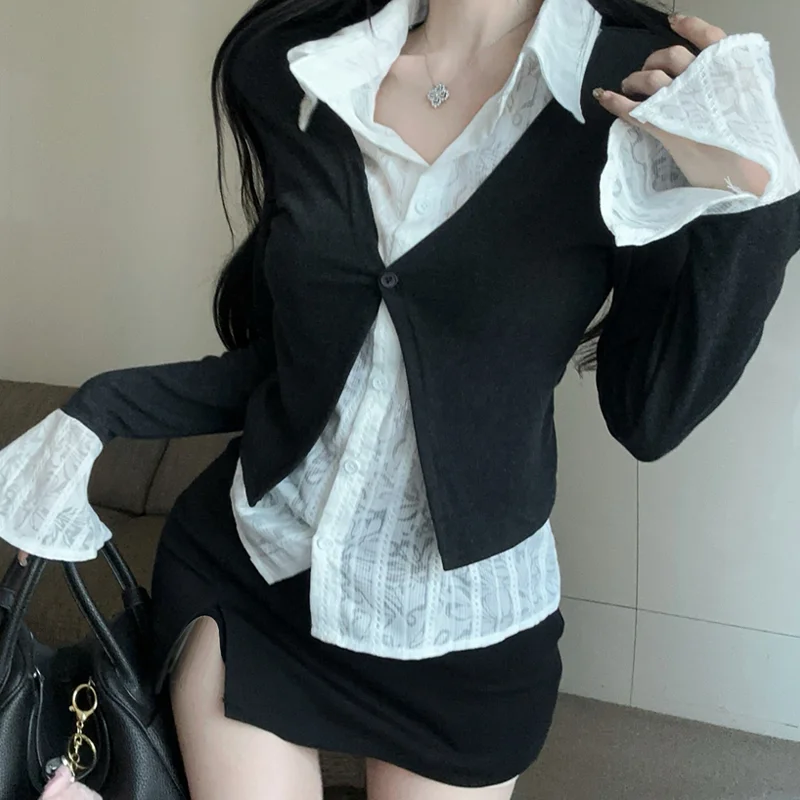 Women\'s White Shirt Black Knitted Vest Set Autumn/Winter Korean Harajuku 2000s Style College Retro Top Shirt Knitted Clothing