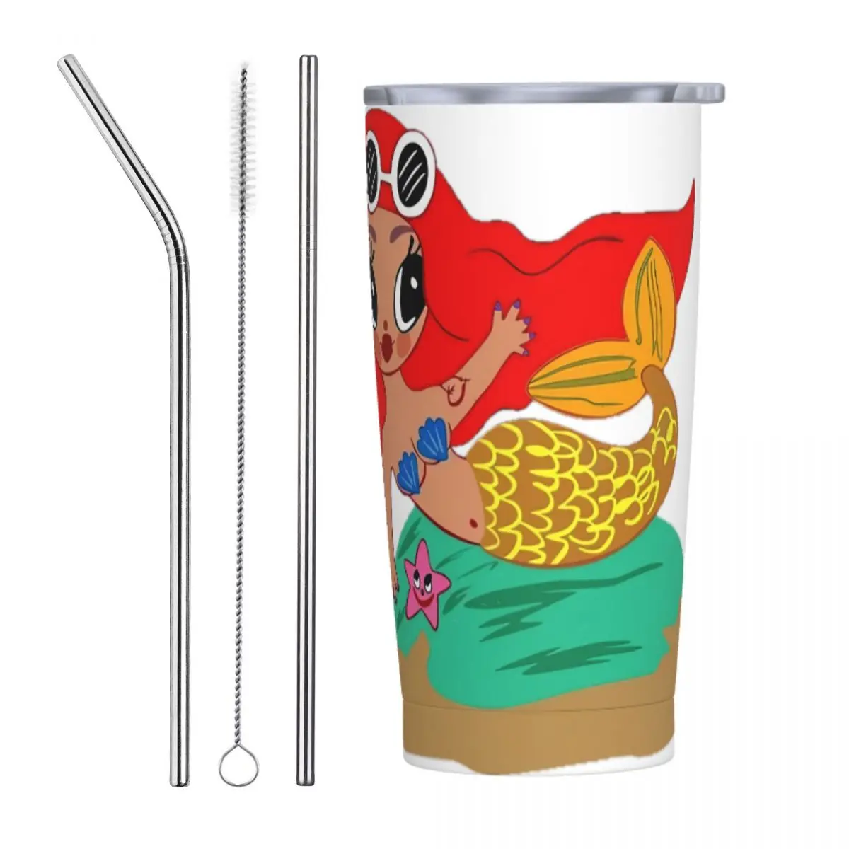 Karol G Little Mermaid Tumbler With Straw Lid and Cleaning Brush Kawaii Insulated Stainless Steel Tumblers Cup 20oz