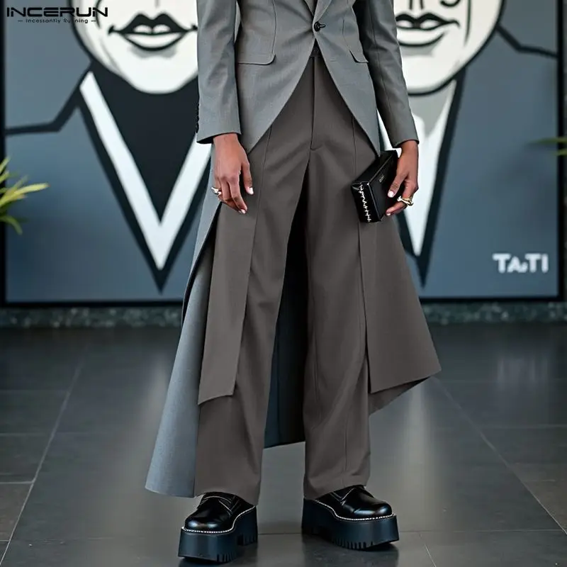 

INCERUN Men Irregular Pants Solid Color Joggers Loose Button Trousers Men Streetwear Fashion Casual Male Wide Leg Pants S-5XL