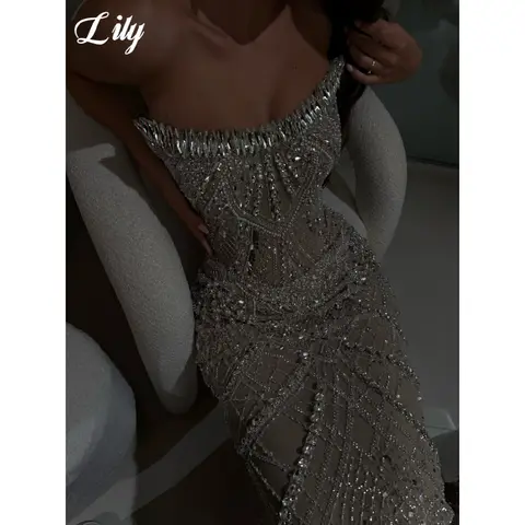 Lily Nude Strapless Prom Dress All Over Beaded Sheer Mesh Mermaid Evening Dress Luxury Cocktail Formal Party Dress Customized
