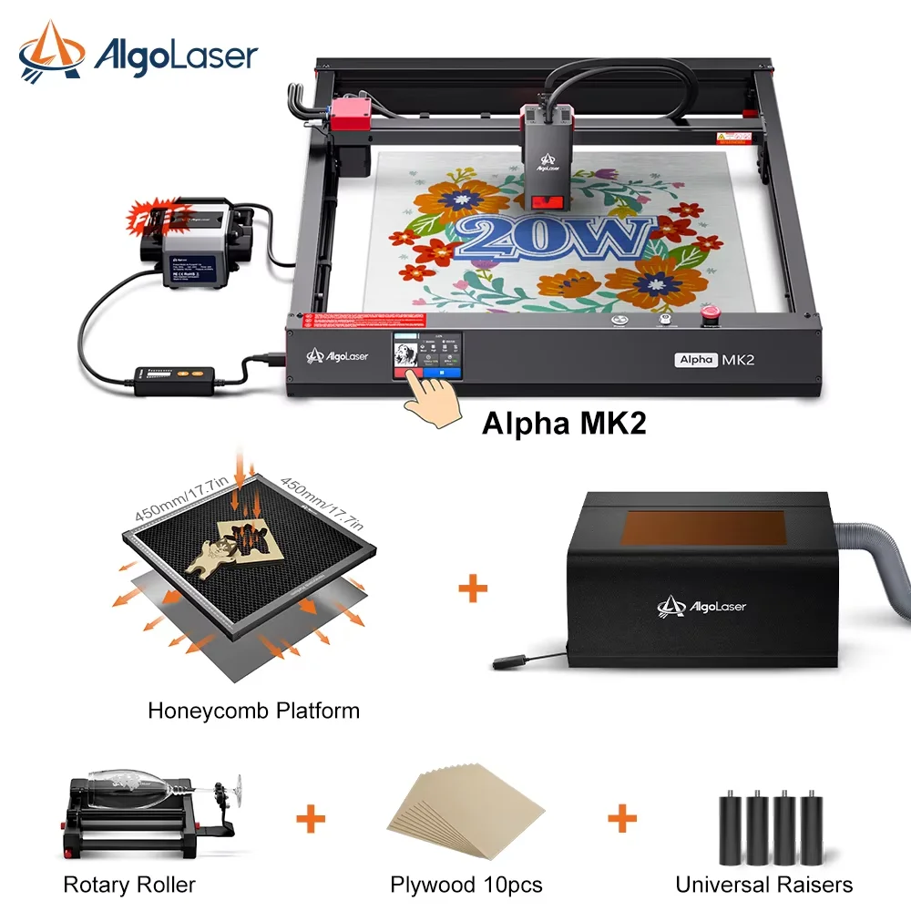 AlgoLaser Alpha MK2 CNC Cortador de gravador a laser Air Aissit Poderosa 20W Mesa Impressora de metal Máquina de corte e gravação em madeira