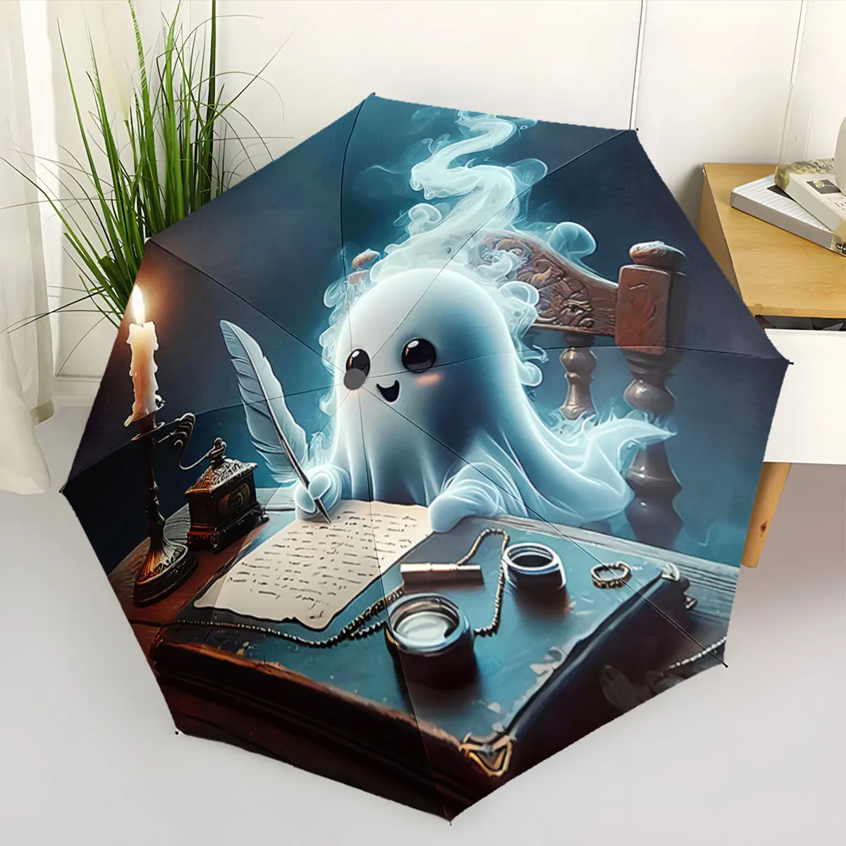 Cute Ghost Writing with Quill in Spooky Candlelight portable waterproof sun rain umbrella for outdoor travel beach