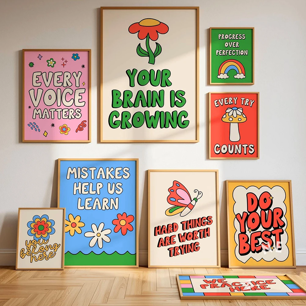 Teacher Classroom Poster Growth Mindset Classroom Decor Retro Rainbow Wall Art  Canvas Painting Fun Quotes Print Pictures Murals