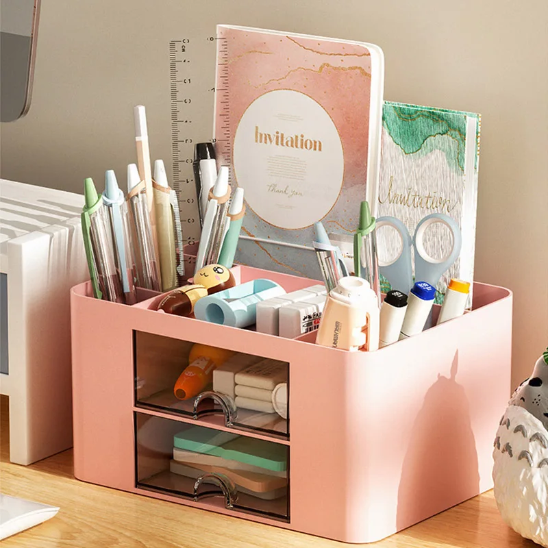 

Plastic Desk Organizer with Two Transparent Drawers Multi Compartment for Pens Notebooks and Office Supplies Storage