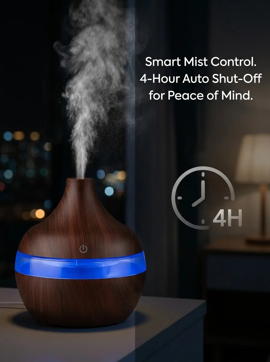 HONSUN Humidifier for Bedroom, 300ml Essential Oil Diffuser with 7-Color LED Night Light, Dark Wood Grain Ultrasonic Cool Mist Humidifier, Portable USB Desktop Aroma Humidifier with 4-Hour Auto Shut-Off, Compact Size for Home Office Spa