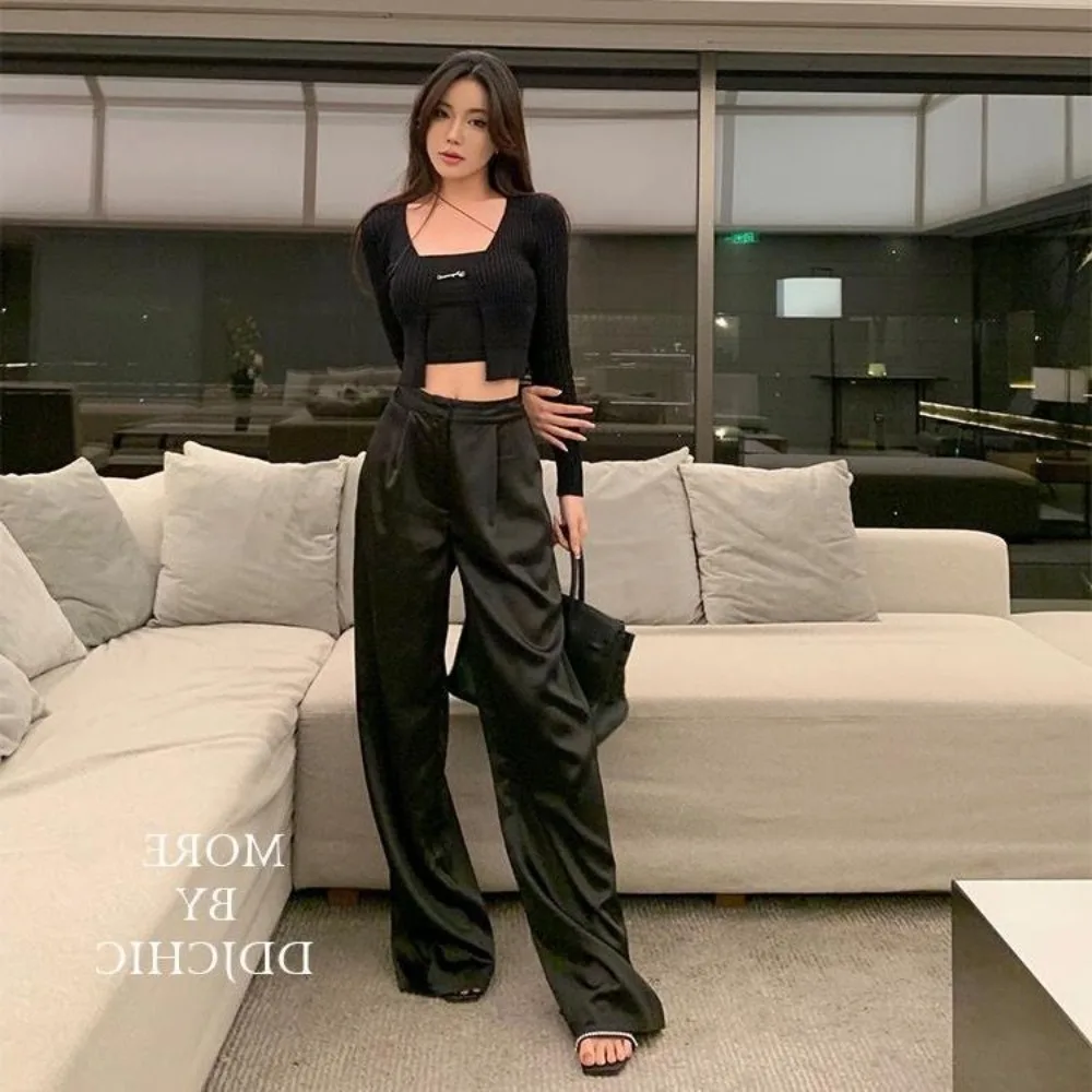 High-waisted Thin Acetate Satin Wide-leg Pants Korean version French White Black Straight Pants Fashion Loose Wide-leg Trousers