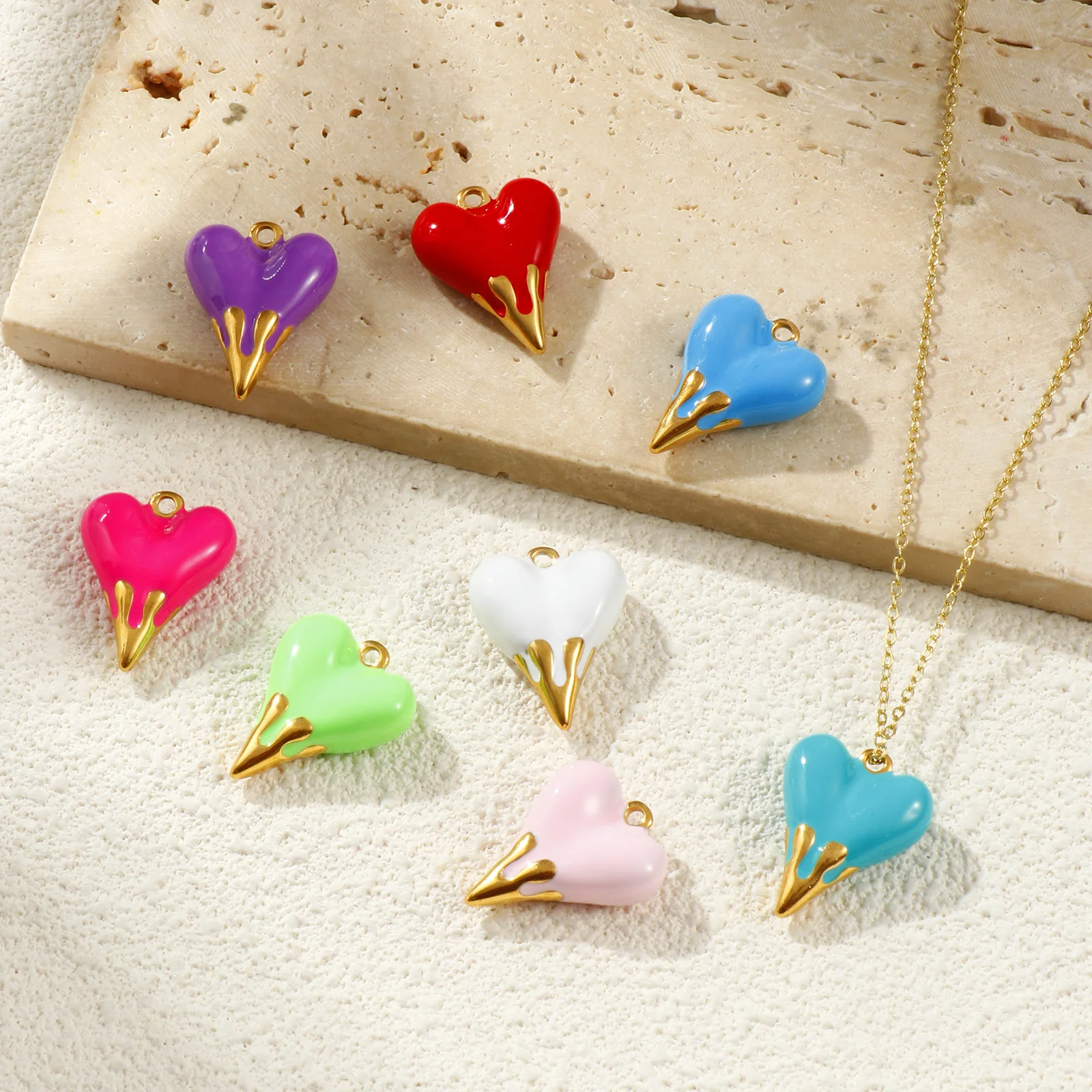 1PC Neue Candy Farbe Valentinstag Herz Charms 18K Reales Gold Überzogene Emaille Edelstahl Herz 3D DIY Erkenntnisse 24mm x 19mm – Detail 5