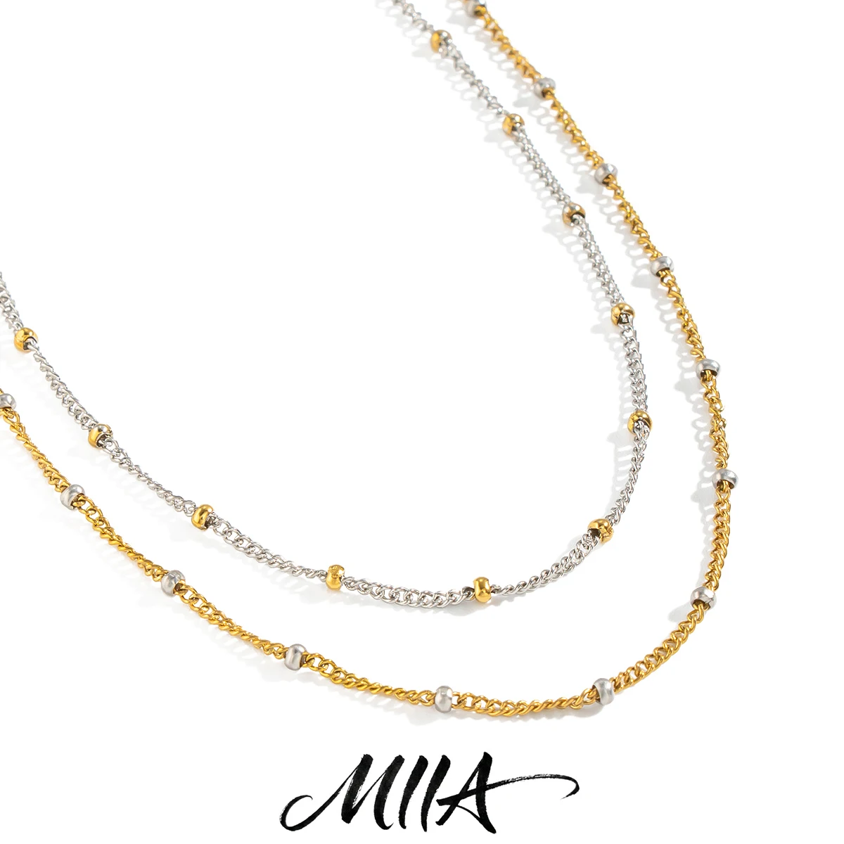 Miia Jewelry Two Tone Stainless Steel Layered Beaded Link Chain Necklace Women Minimalist Waterproof Choker Jewelry