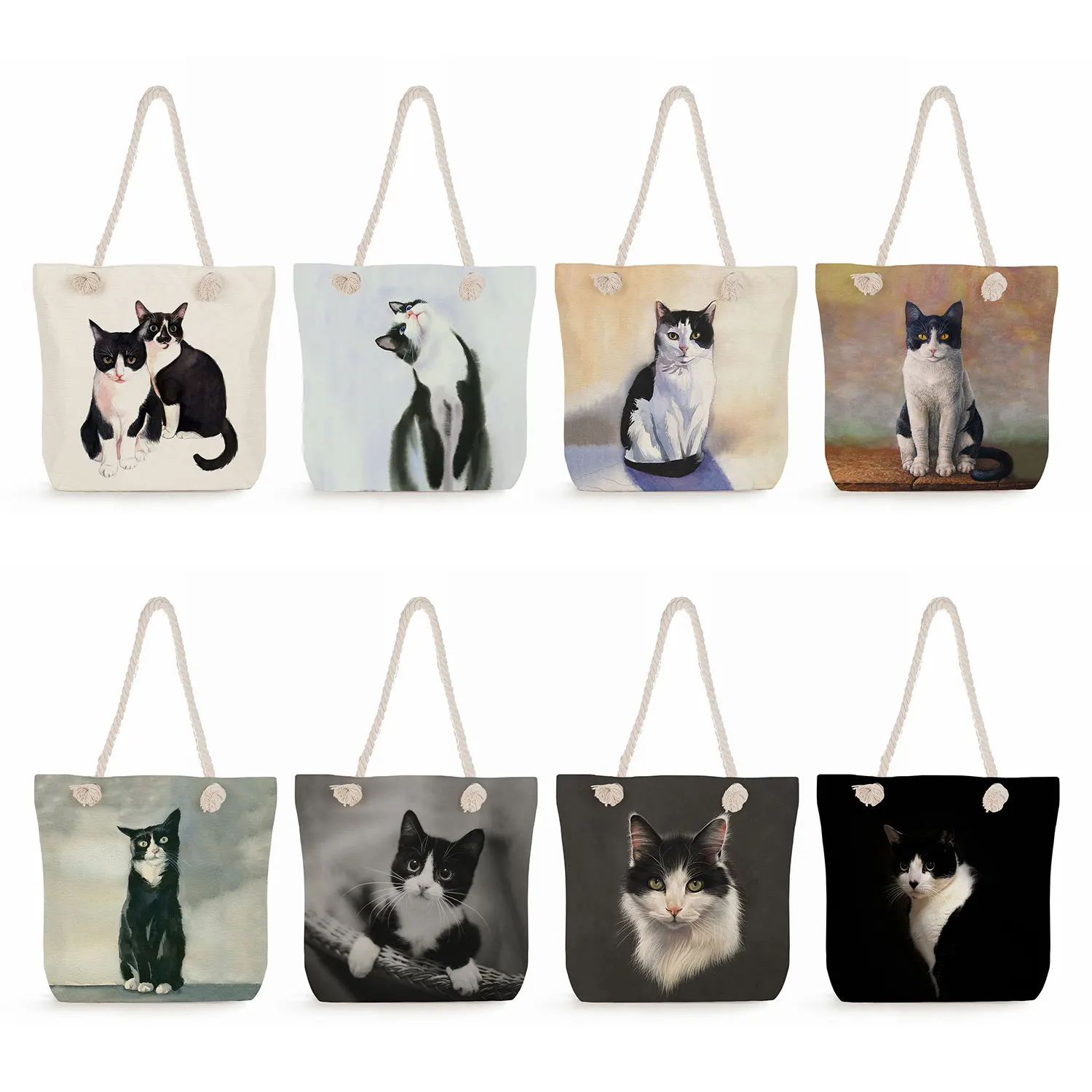 Strand tasche Frauen Totes tragbare Öko wieder verwendbare Polyester Leinen lässige Einkaufstaschen dickes Seil niedlichen Kuh Katze drucken Handtaschen faltbar