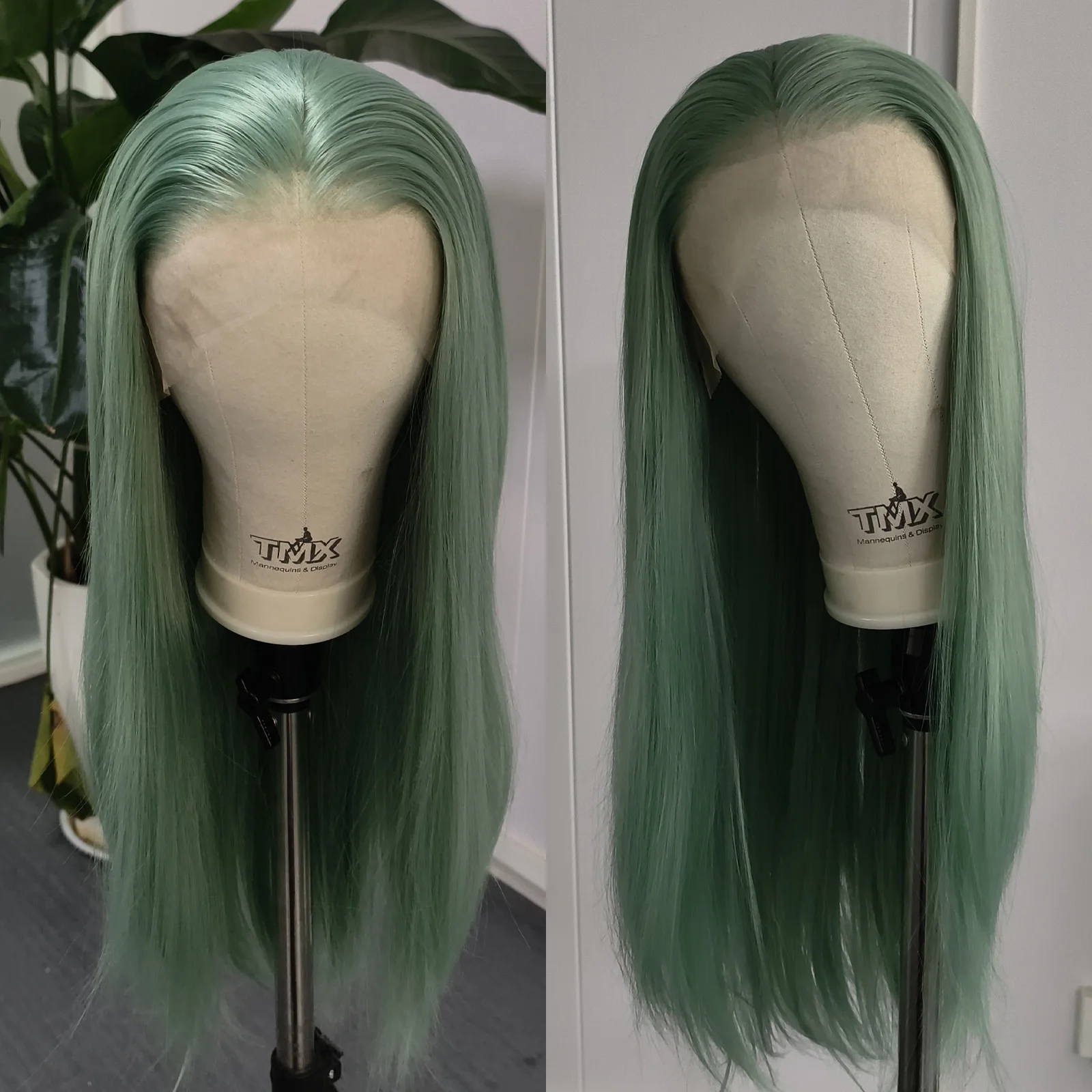 

13x4 Ash Green Long Straight Wig Synthetic Lace Front Wig Glueless Wigs Pre Plucked with Natural Hairline