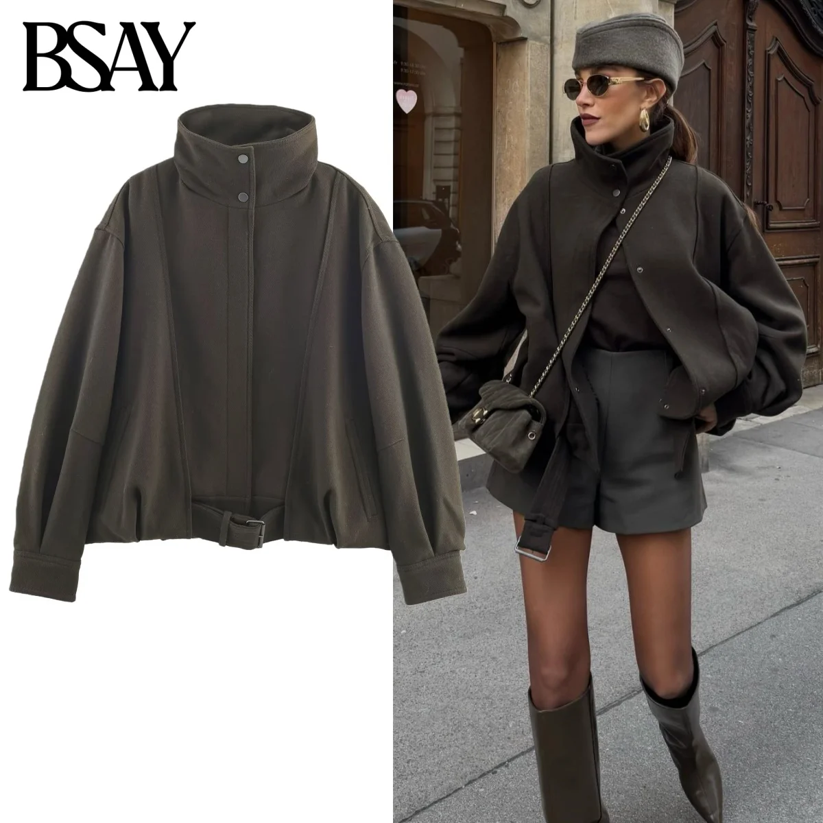

BSAY Pilot Jacket for Women Fashion Autumn Winter New Solid Long-sleeved Turtleneck Hidden Button Short Coats Chic Female Tops