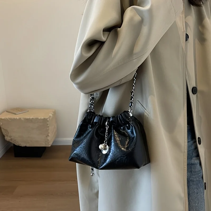 Tas Wanita Kulit Modis, Tas Selempang Serbaguna Rantai Warna Solid, Tas Bahu Pesta Kasual Sederhana untuk Bepergian