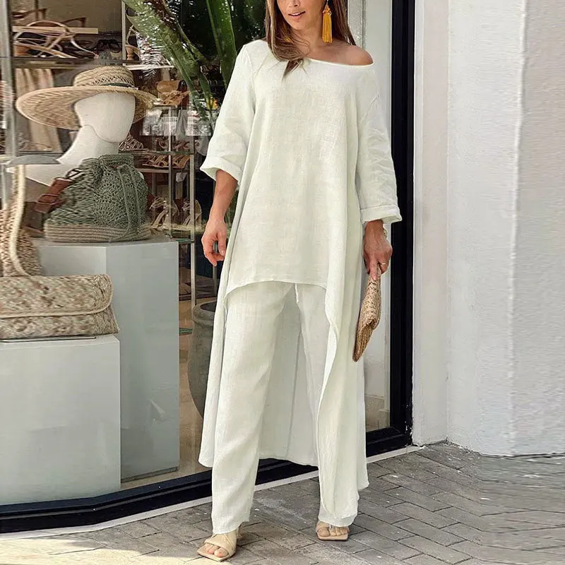 Summer Women's Cotton Linen Wide Leg Trousers Fashion Casual Solid Color 2025 New Arrivals