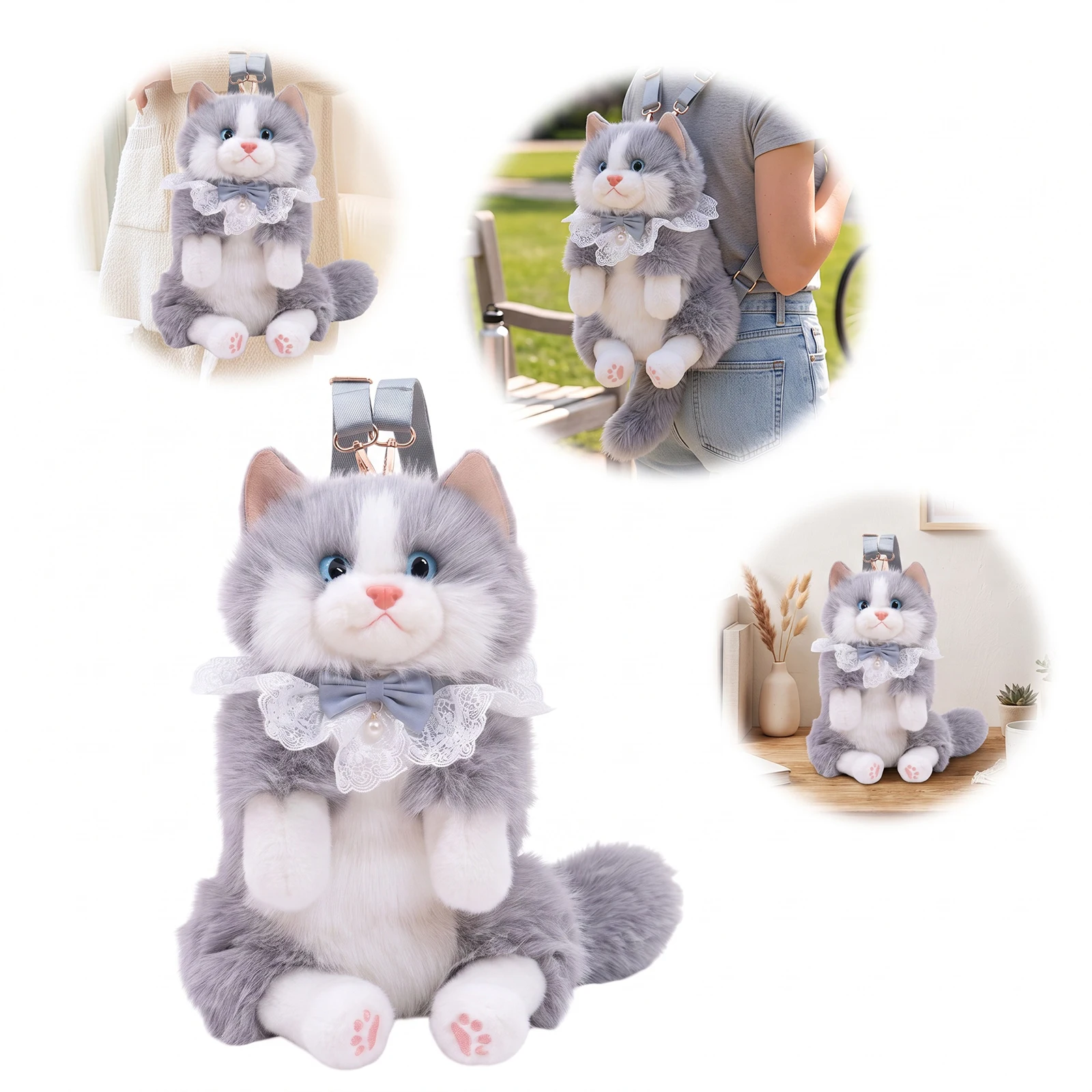 Realistic Cat Shoulder Bag Meow Sound Button Poseable Paws Fluffy Ragdoll Plush Backpack Gift