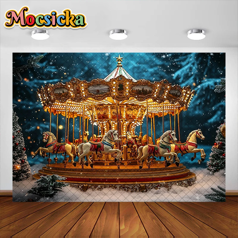 Circus Christmas Photography Background Carousel Xmas Tree Holiday Decoration Kids Holiday Portrait Photo Backdrops Studio Props