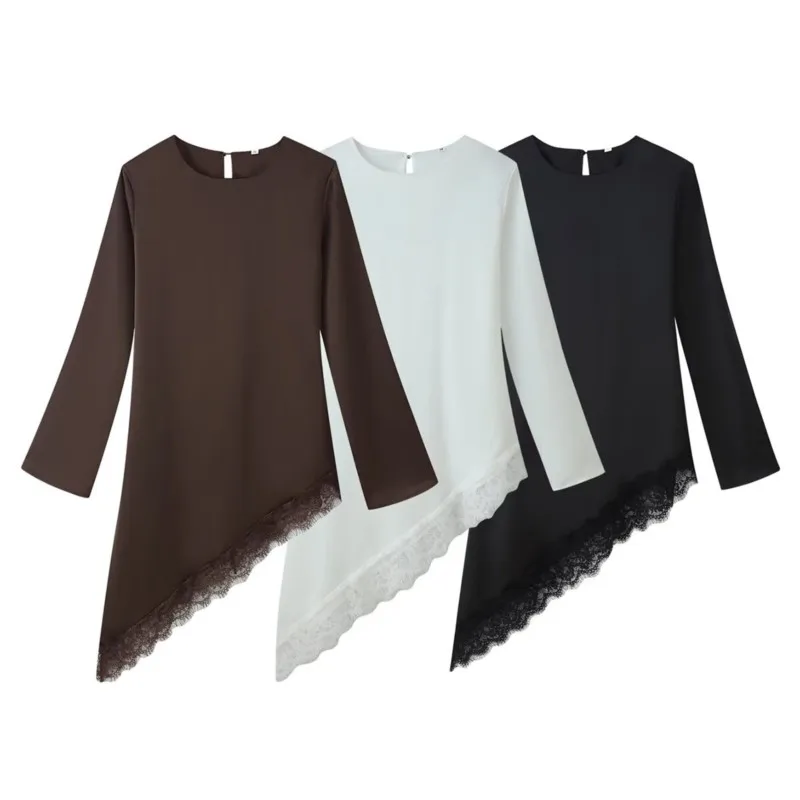 Women's Satin Asymmetrical Pullover Spring Round Neck Long Sleeve Lace Up Top Casual Fashion Female Elegant Tops