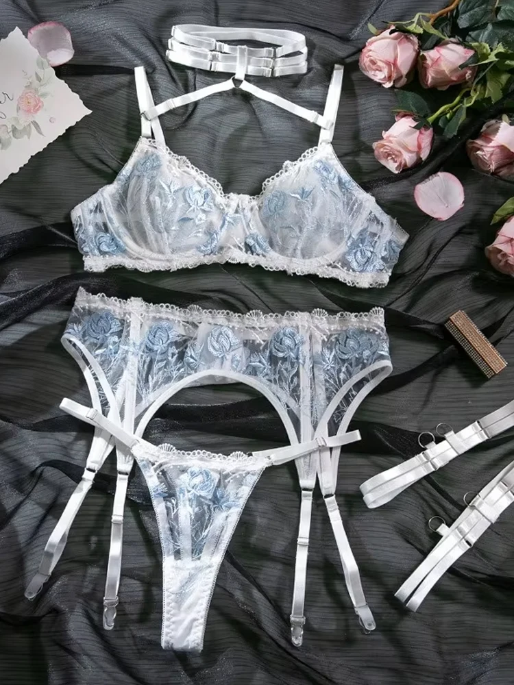 Toucheart Sexy Lingerie Set Lace Patchwork Embroidery Bra Set For Women Perspective Sexy Hanging Neck Underwear Garter Stockings