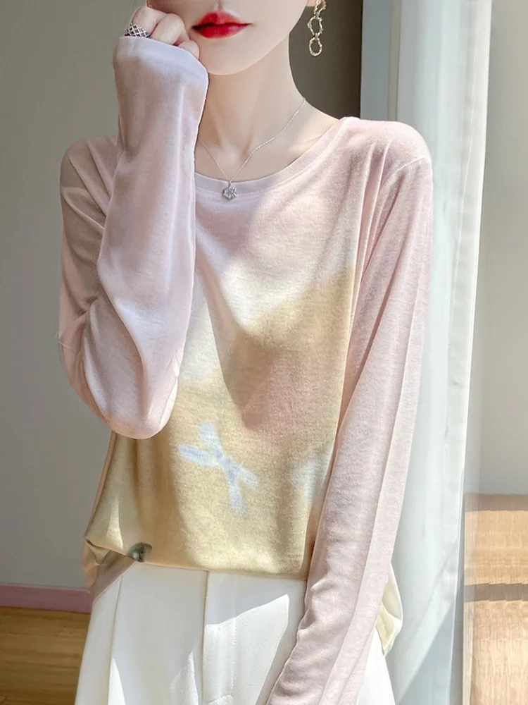 أنيقة طباعة أوائل الخريف رقيقة صغيرة irt طويلة Sve جولة Ne مطبوعة تي شيرت الداخلية لينة متماسكة قاعدة سترة عادية Sle Loo...