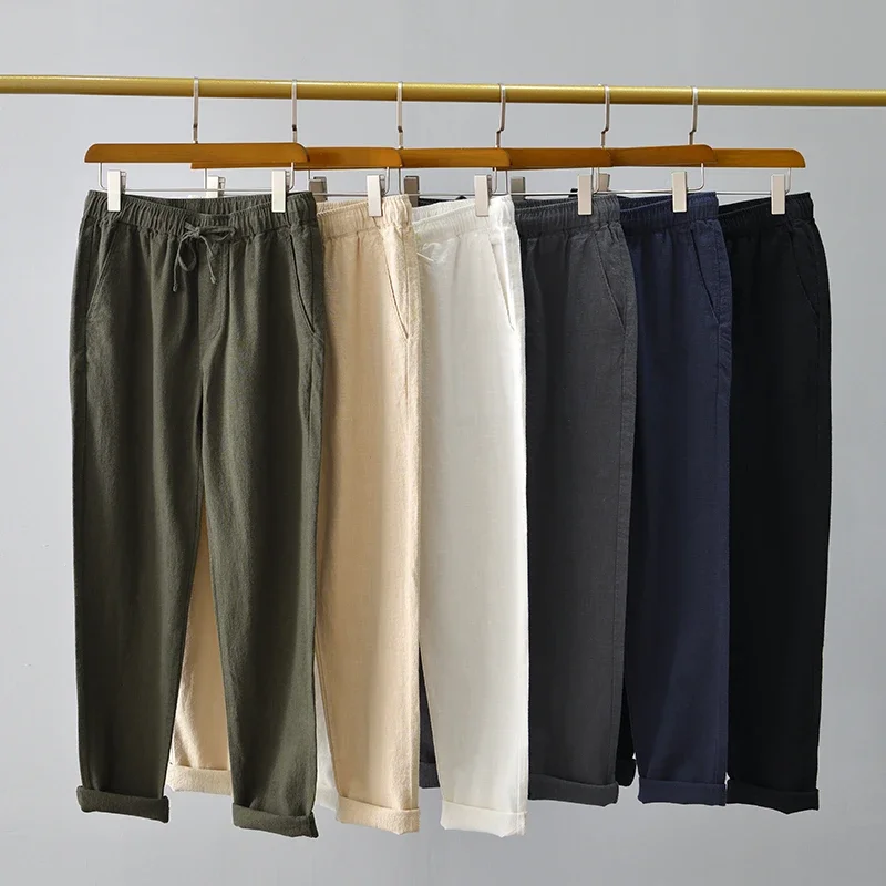 Cotton Linen Pants for Men Solid Color Casual Fashion Trousers Male Elastic Waist Straight Pants Plus Size 4XL