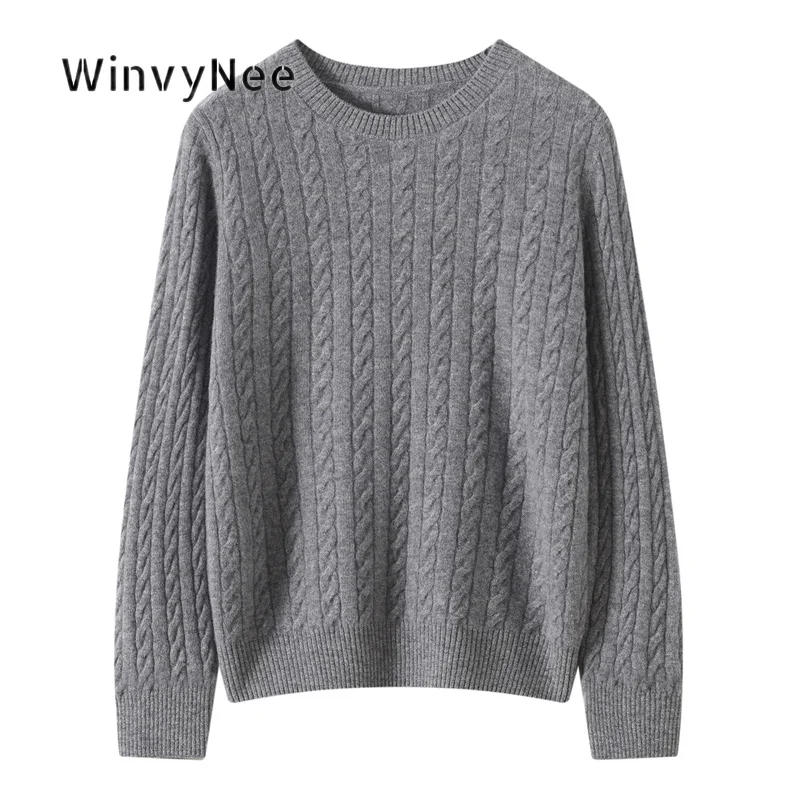 WinvyNee Women Textured Cable Jumper 100% Wool Crew Neck Long Sleeve Pullover Knit Top Autumn Cozy Thick Layer Garment A1523095A