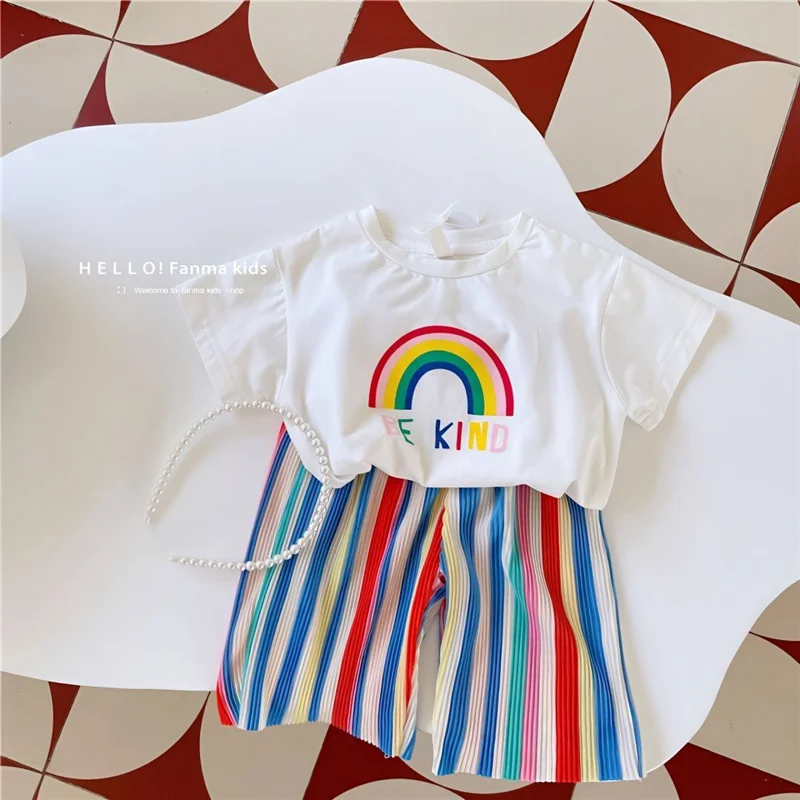 Girls Rainbow Print Sets Summer Children Short Sleeve Clothes Suits Kids T-shirt Tops+Pants 2Pcs Baby Thin Outfits 1-8 Years