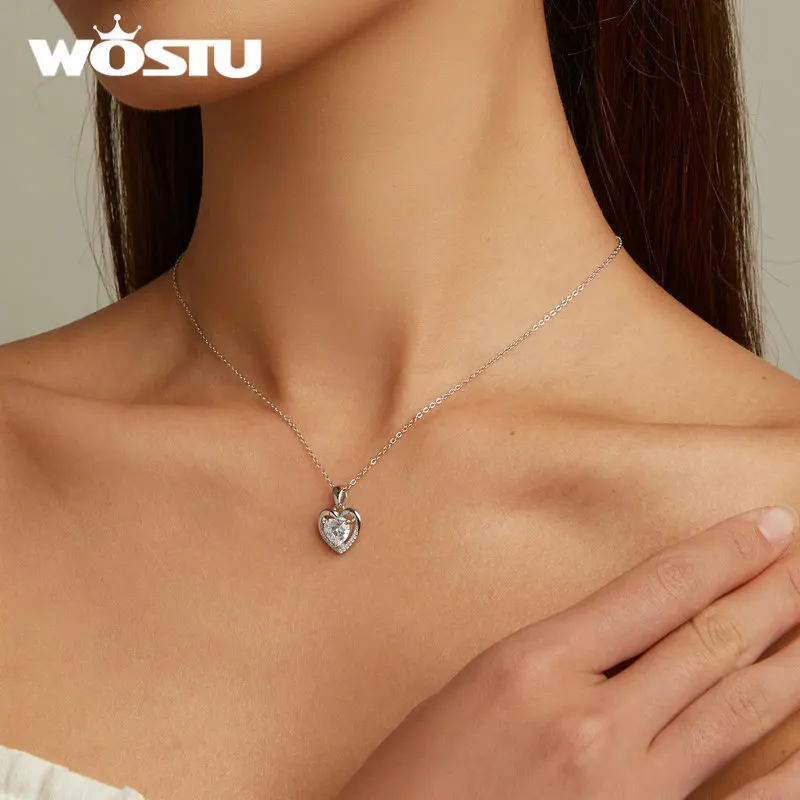 WOSTU 925 Sterling Silver Heart Blue Zircon White Zircon Necklace for Women Party Fine Jewelry Wedding Anniversary Date Gift