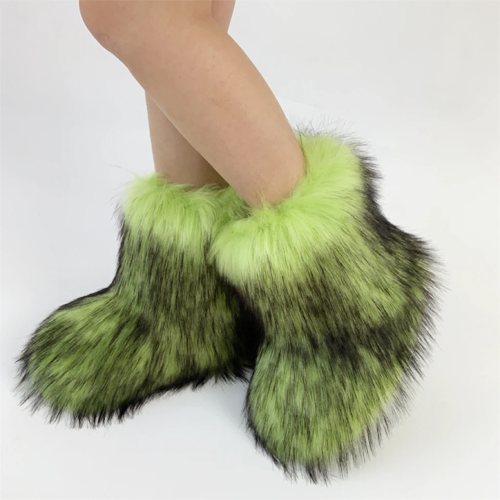 New Winter Fur Onepiece Raccoon Fur Female Snow Boots Fur Shoes Outdoor Mid Leg Boots