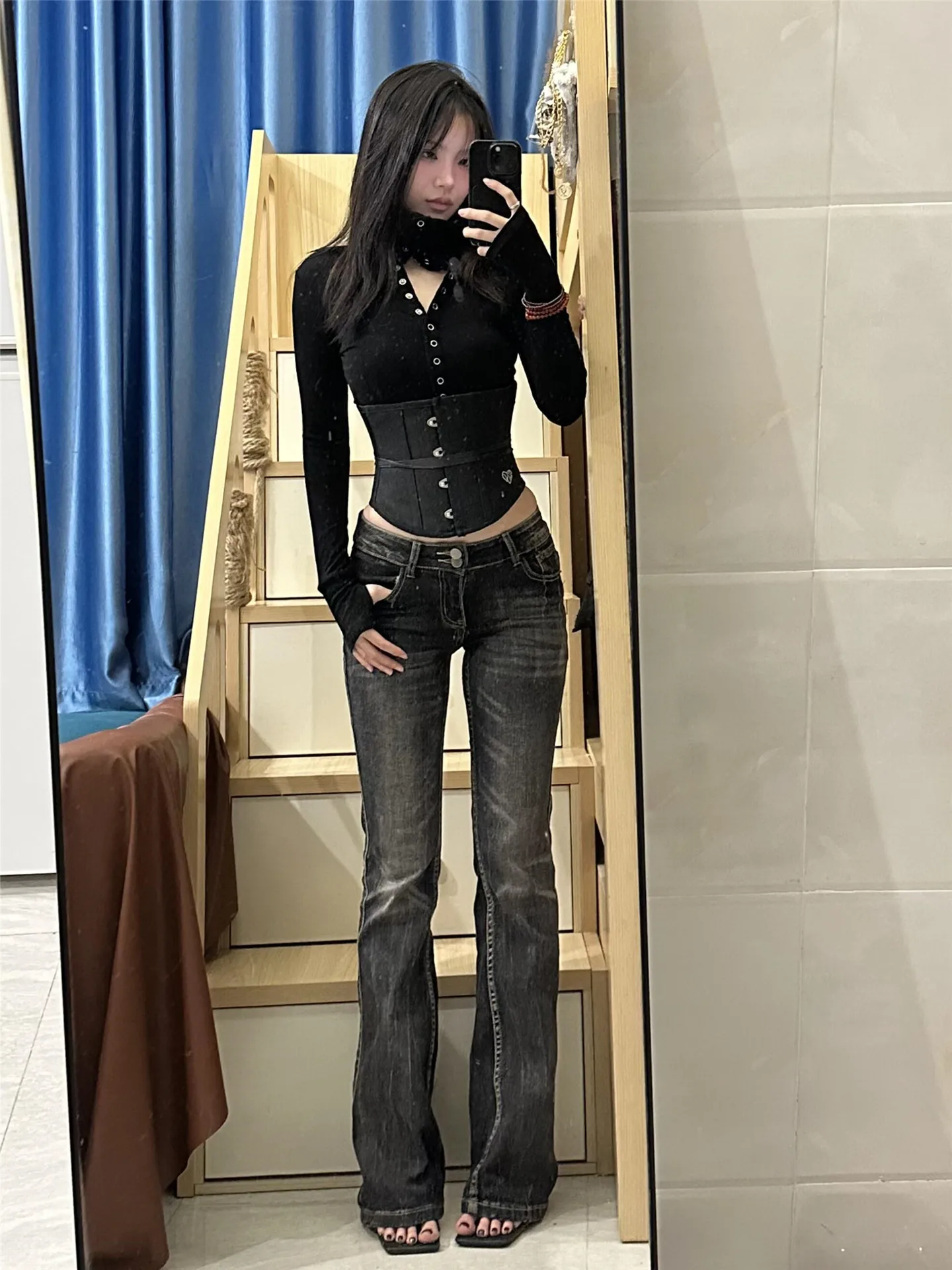

Extended Long Black Low Waist Bell Bottom Jeans Women's Slimming Millennium Hot Girl Floor Length Denim Pants