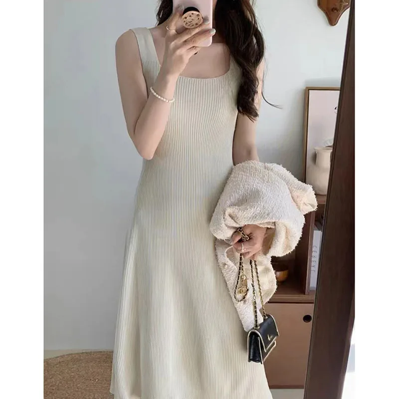 Boring Honey Summer New Fashion Knitting Dress Square Collar Slim Thin Skirt Women Classic Casual Solid Sleeveless Vest Skirt