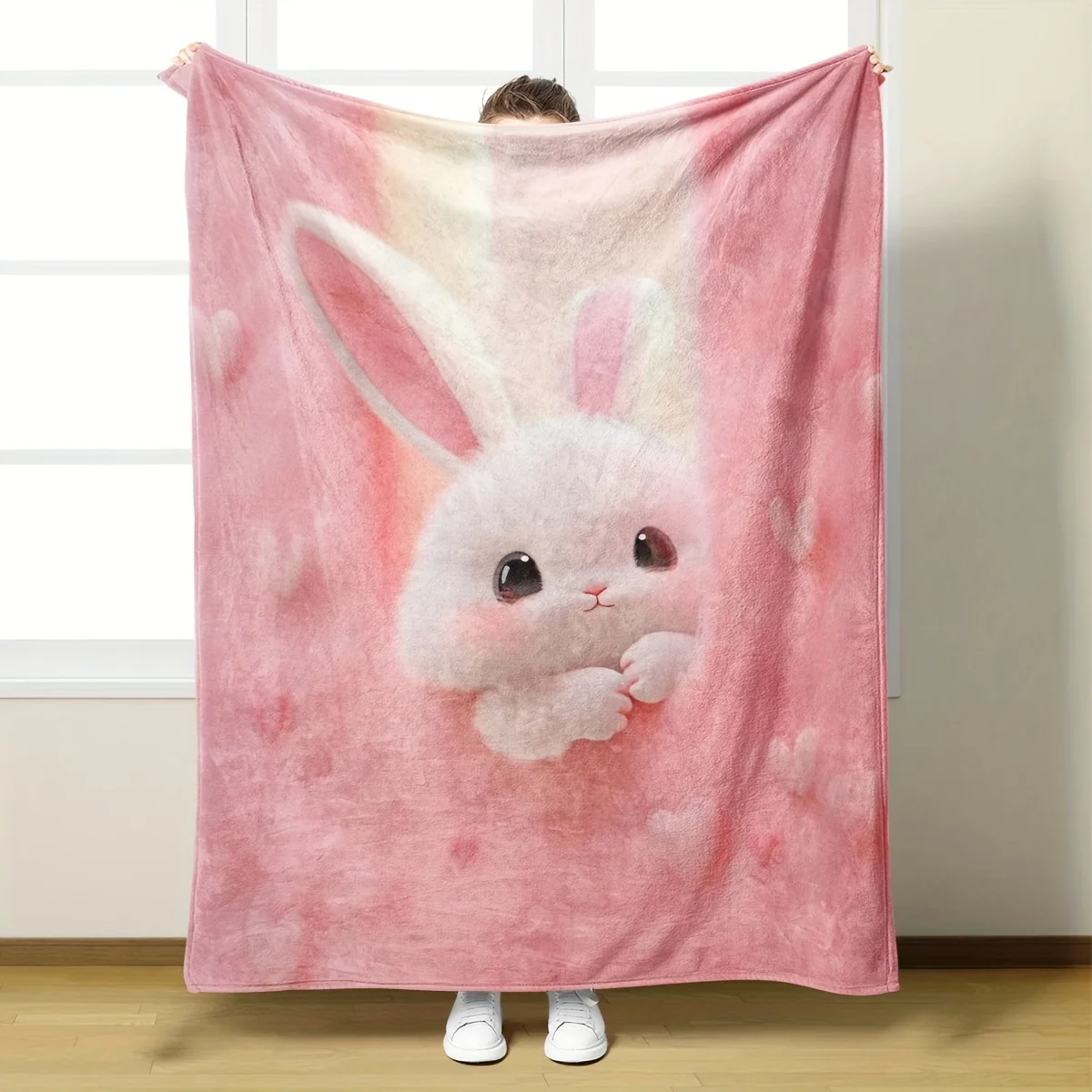 VIKAMA Niedliche rosa Hasen-Überwurfdecke, flauschiges Kaninchen mit Herzmuster, weiche Flanelldecke für Mädchen, Kinderzimmerdekoration