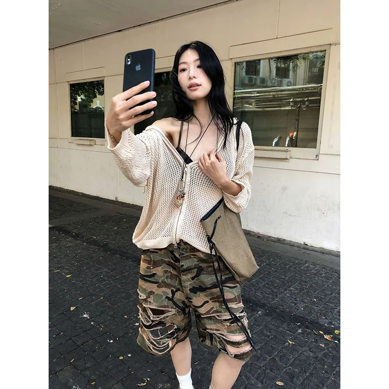 Benuynffy Camouflage Print Ripped Denim Shorts Women 2026 Summer New American Streetwear Mid Waisted Loose Wide Leg Half Pants view 4