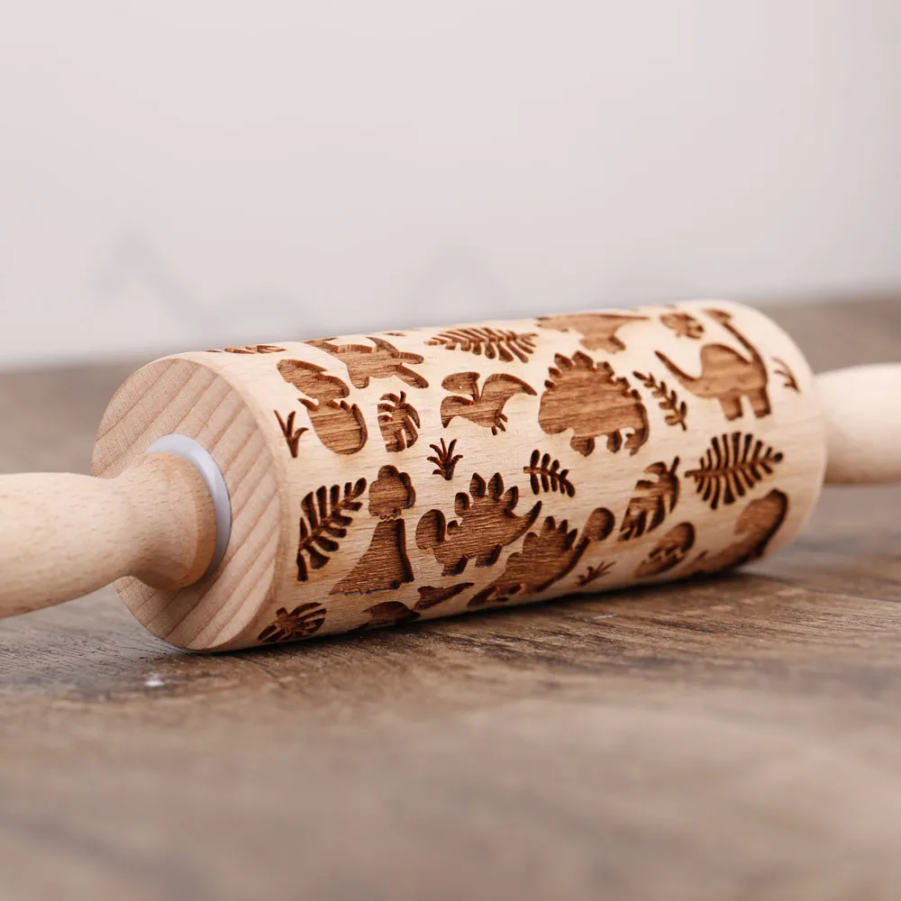 Arjmide Grid Dinosaur Rolling Pin for Baking Deep Engraved Wooden Embossed Judaism Mini Small Rolling Pin Cookie Tool