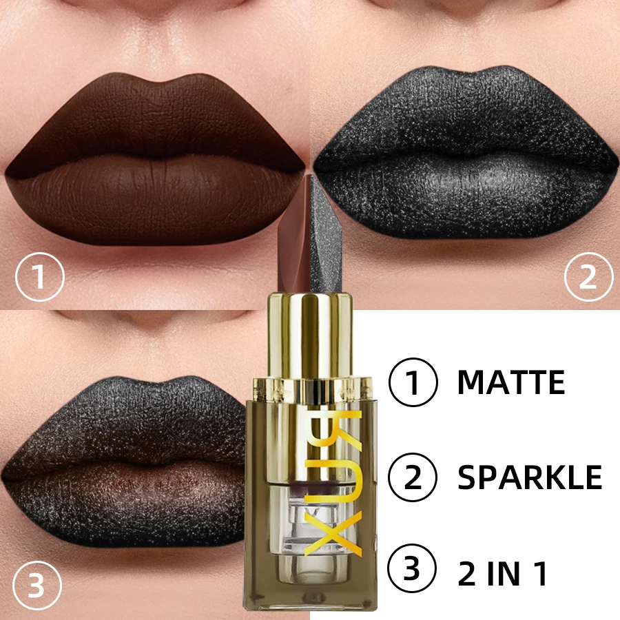 1pc Two Tone Chocolate Color Lipstick Waterproof Glitter&Matte Lip Tint Red Sexy Lips Makeup High Pigmented Lip Liner Cosmetics