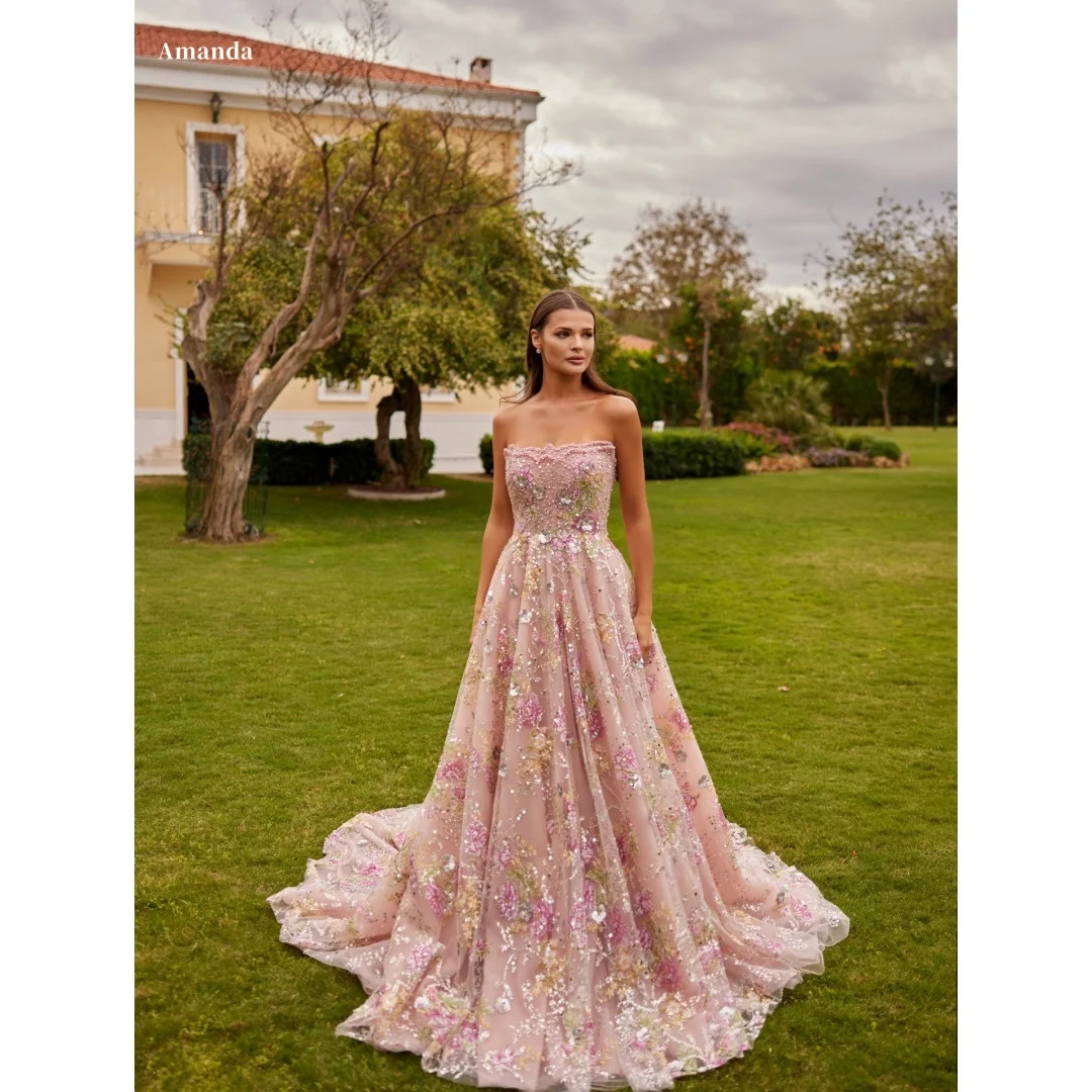 

Amanda Customized Blush Pink Strapless Floral Sequin Prom Dress Tulle A-Line Train Formal Evening Gown vestidos de noche 2025