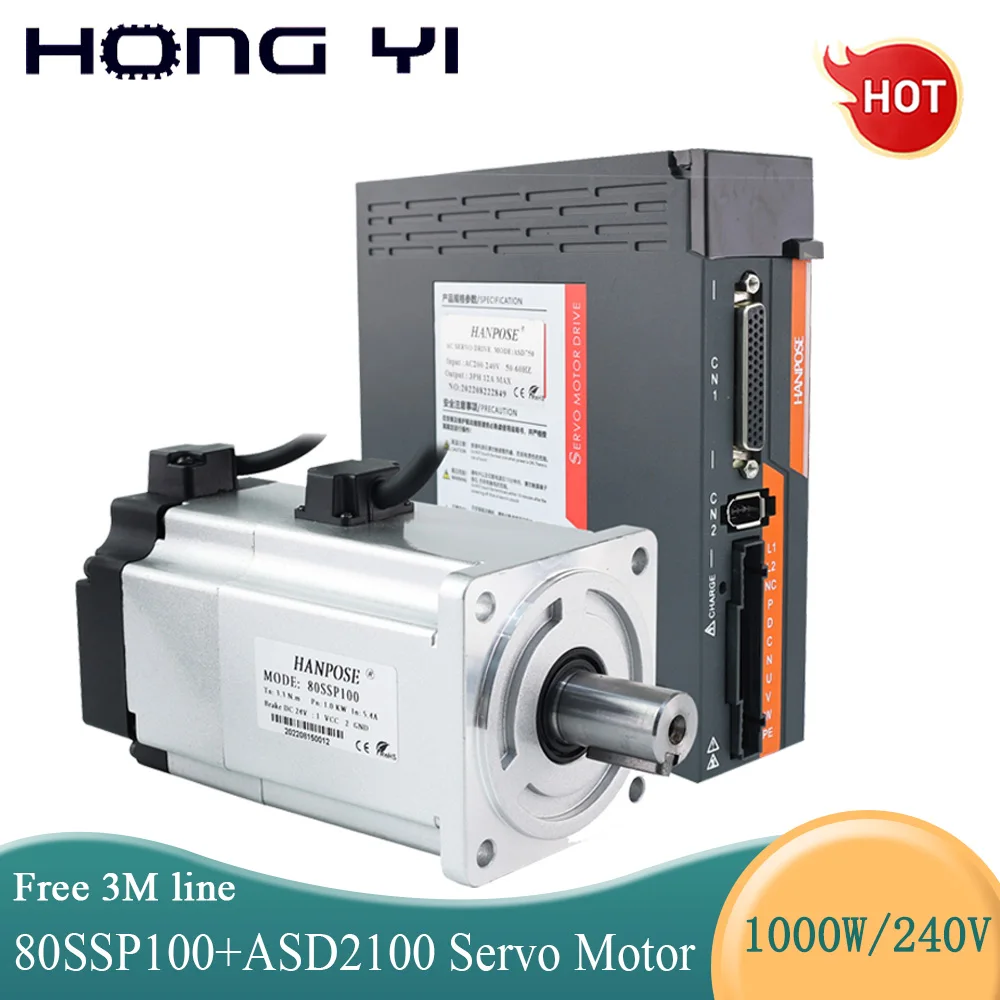 

1000W Servo Motor Kit 3.3N.m Servo Motor with Brake 5.4A 80SSP100+ASD2100 Servo Drive+3M Cable Vending Machine Accessories