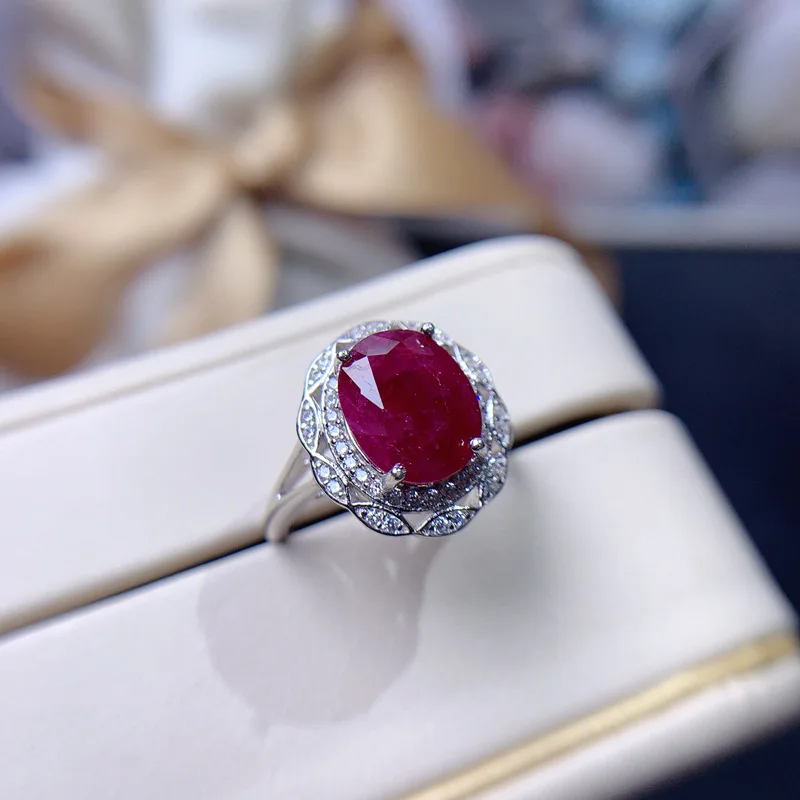 Natural Heated Ruby Ring 8x10mm, 925 Silver Adjustable Band with Certification, Traditional Treatment