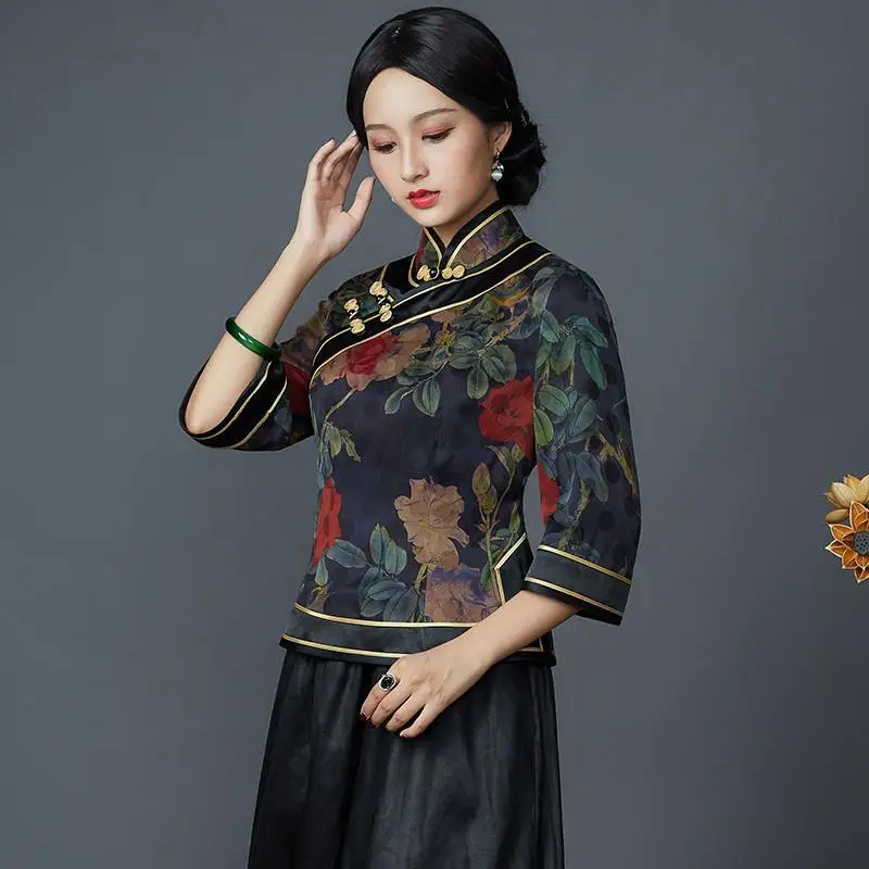 2024 Chinese style tang suit vintage cheongsam top floral printing satin shirt oriental retro top women elegant loose blouse pd