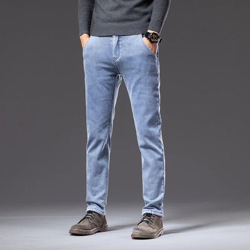 Brand Men's Winter Thickened Warm Jeans, Fashionable Large Size Slim Straight Stretch Jeans Casual Men's Fashion Plush Trousers
