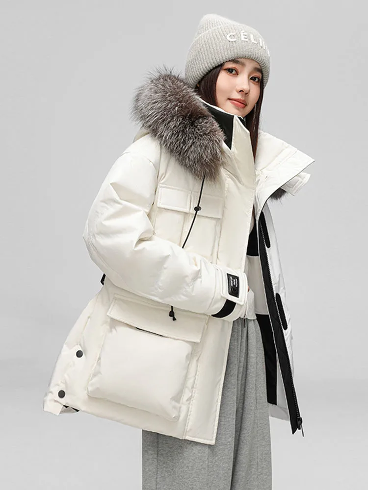 Chaqueta de plumón roja para mujer invierno 2024 chaqueta acolchada cálida y moderna con cuello de piel de zorro con capucha de longitud media a larga